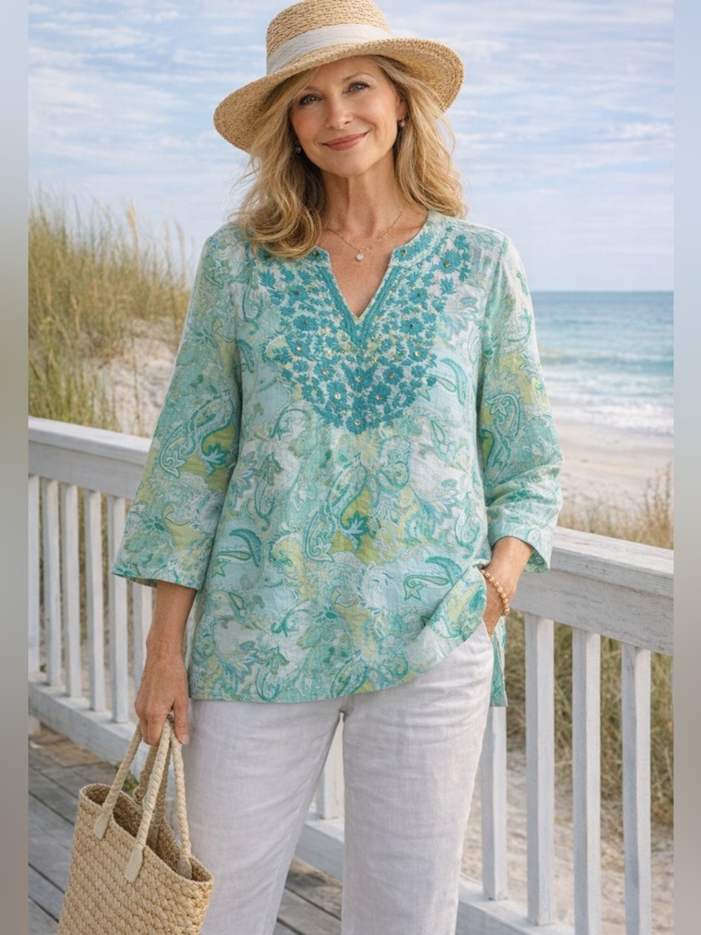 Charter Club Women’s Vtg Y2K Linen Embroidered Boho Tunic Top Sz Petite Medium